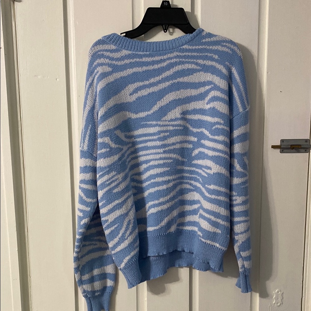 Blue and White Zebra Print Sweater
